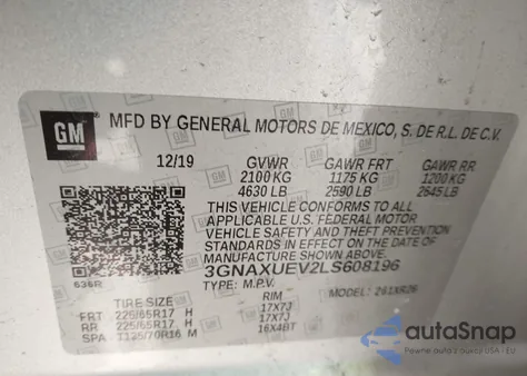 2020 Chevrolet Equinox Awd Lt 1.5L Turbo from USA, damaged, VIN 3GNAXUEV2LS608196